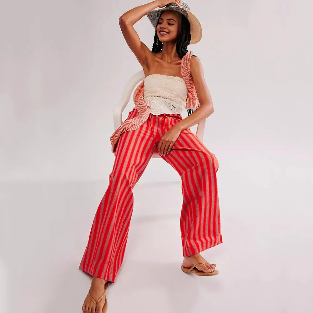 Striped Print Pants Vertical Striped Wide Leg Pants With Drawstring Pockets For Women Streetwear Trousers For A Stylish Look