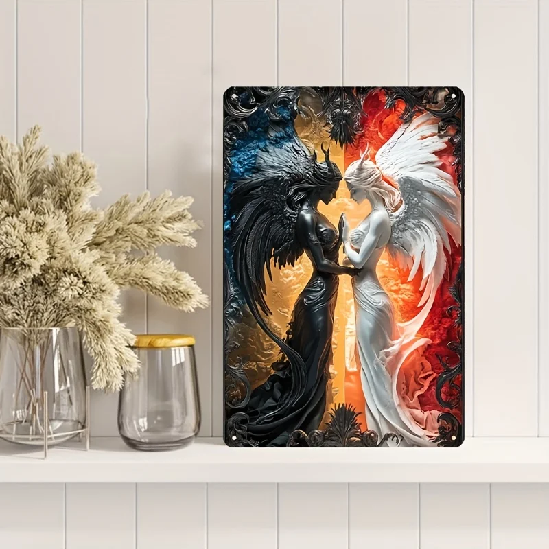 لافتة معلقة على الحائط من الألومنيوم المعاصر، لوحة تزيين فنية للملاك والشيطان لتزيين المنزل والبار والمطاعم