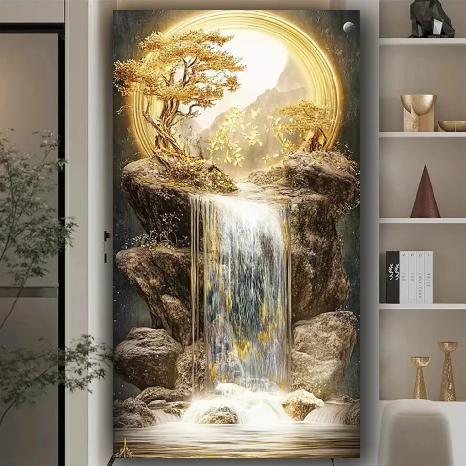 

New Arrivals 5D Large Diamond Painting Golden Waterfall Tree Moon Landscape Picture Full Diamond Mosaic Embroidery Rhinestones