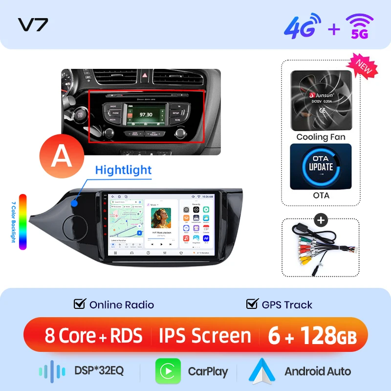 Junsun draadloze CarPlay Android Auto autoradio voor Kia Ceed Mk2 (JD) 2012-2018 met ingebouwde koelventilator, Android GPS navigatie, multimediaspeler, WiFi, DSP, RDS, BT, SWC, IPS touchscreen,