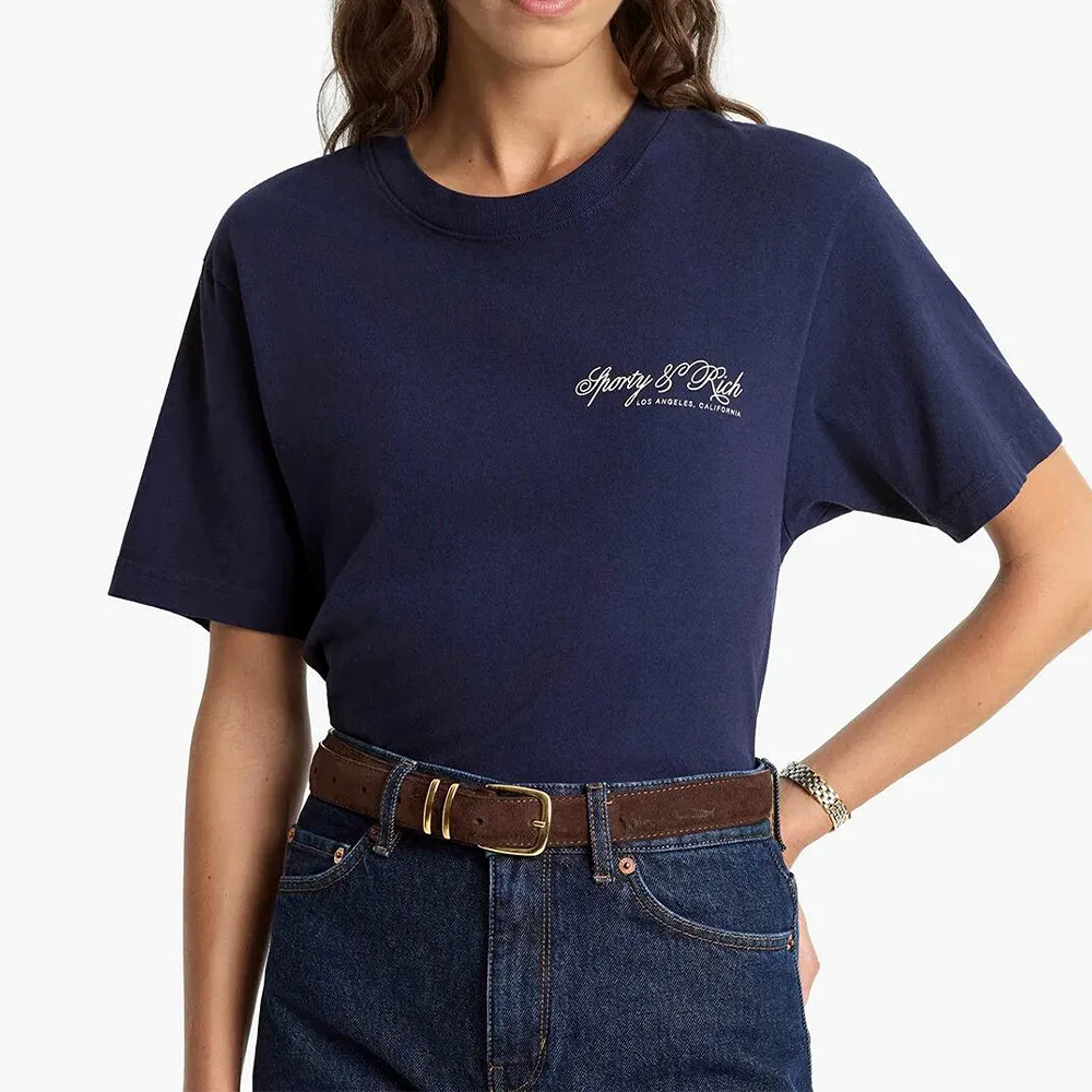 American Vintage Style Sport Club Letters Printing Navy Cotton T Shirts Female Loose Short Sleeve Casual Tops 2026 New Tees