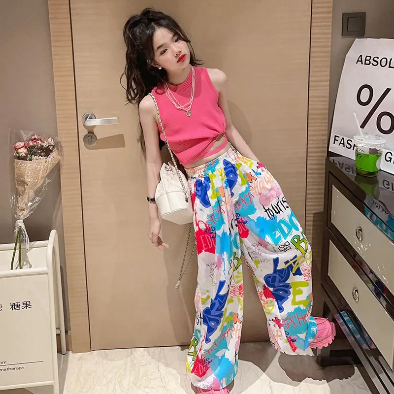 teenage Girls Clothing set Summer Knit Vest+Graffiti Pants Hip Hop suit Streetwear Costumes Kids Teenager Clothes Outfits