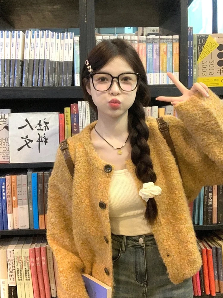 

Корейский вязаный кардиган свободного кроя с длинными рукавами и круглым вырезом, на пуговицах, женский, осенняя новинка, премиум-дизайн