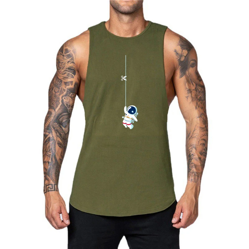 Gym Fitness Bodybuilding Running Tank Top Men Sport Space Astronaut Funny Loose Vests Summer Cotton Breathable Sleeveless Shirts