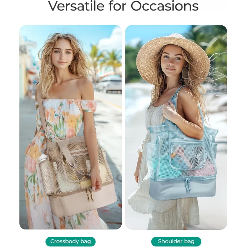 Large Size Women Mesh Beach Tote Bag Foldable Design With Detachable Shoulder Strap Thermal Insulated Bottom For Keeping Drinks