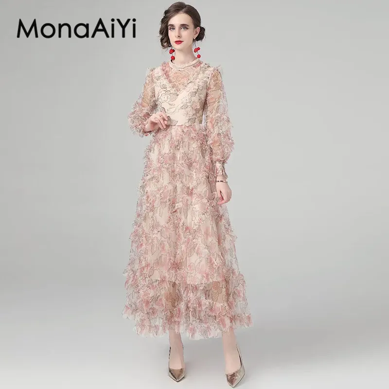 

MonaAiYi Autumn Women's Dress Stand Collar Beading Lantern Sleeved Mesh Edible Tree Fungus Edge Embroidery Ball Gown Dresses