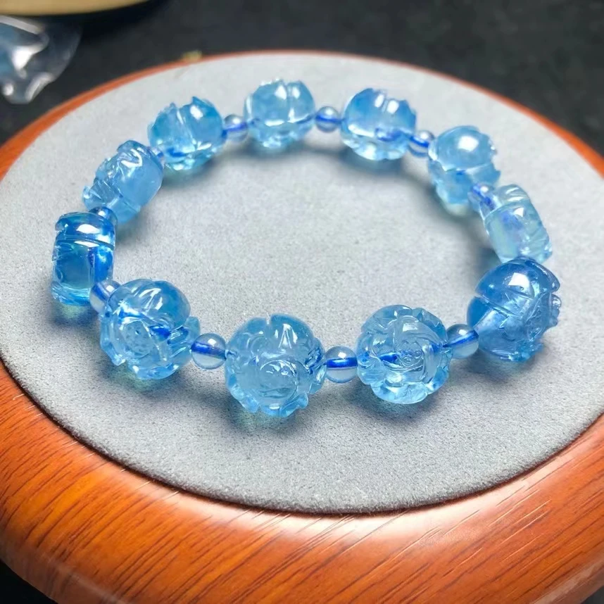 Natural Blue Aquamarine Quartz Bracelet 14x14mm Clear Flower Beads Gemstone Wealthy Stone For Women Men AAAAAAA