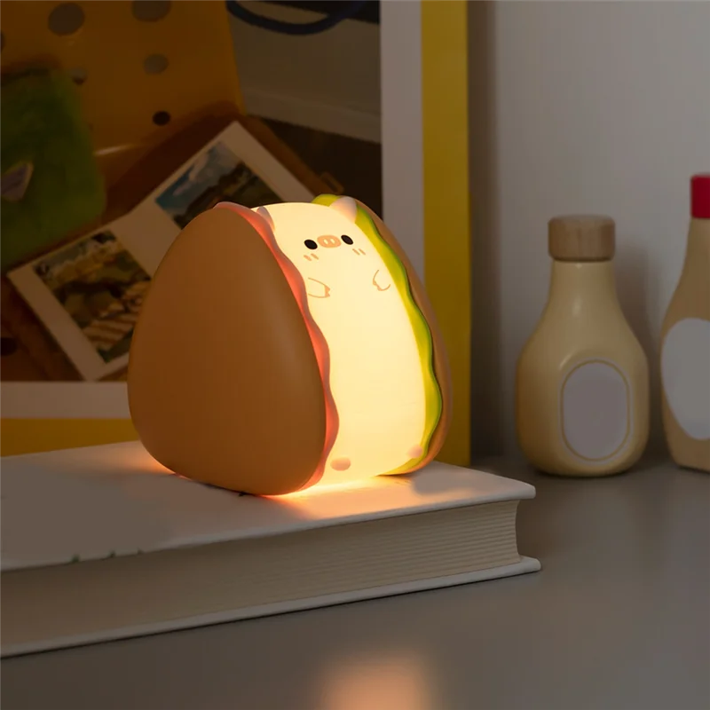 

AB46-Burger Piggy Silicone Night Light, Night Lights, LED Squishy Novelty Animal Cute Gifts -3 Brightness Levels,Touch Sensor