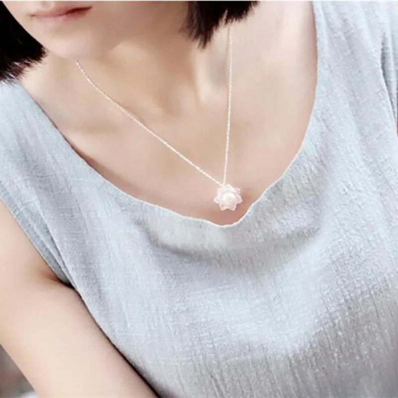 New Fashion 925 Sterling Silver Jewelry Female National White Lotus Shell Beads Pearl Flowers Pendant Necklaces  XL132