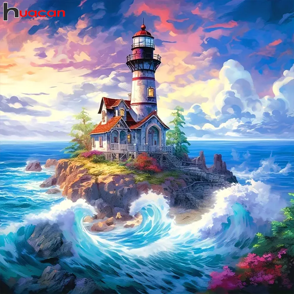 Huacan 5d Diamond Painting Landscape Lighthouse Full Diy Mosaic Sea Island New Collection Picture Of Rhinestones Home Decor