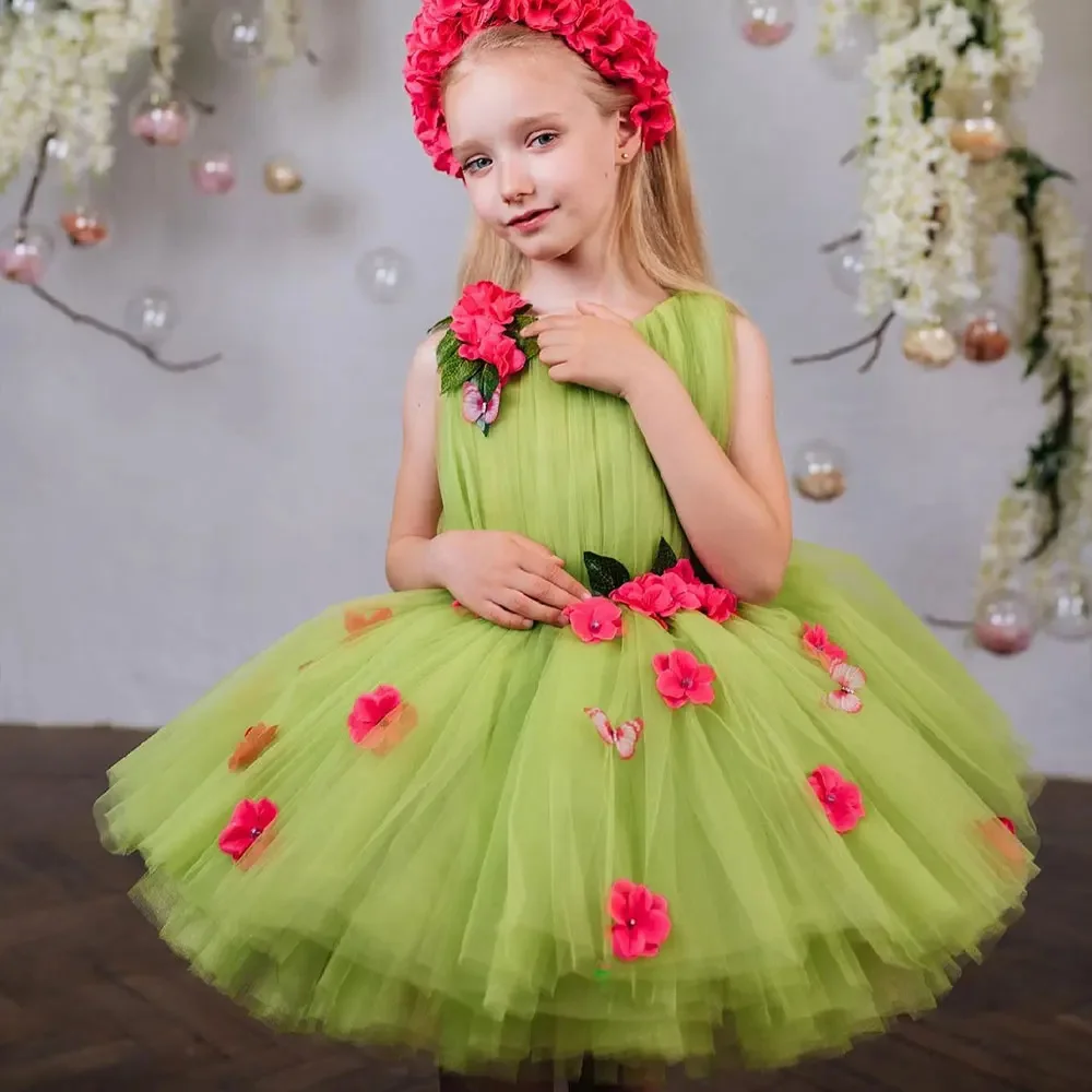 Grünes Blumen mädchen kleid für Hochzeits tüll geschwollen mit roten Applikationen Prinzessin Kinder geburtstags feier Erstkommunion Ballkleider