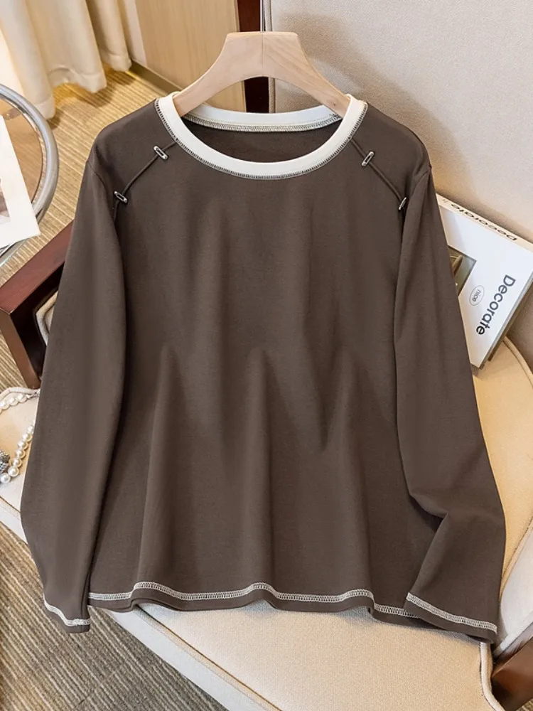

Retro Color Blo Long Sve T-irt Women Loose Fit Anti-Aging plus Size Micro Fat MM Base irt Korean Sle Spring 2025