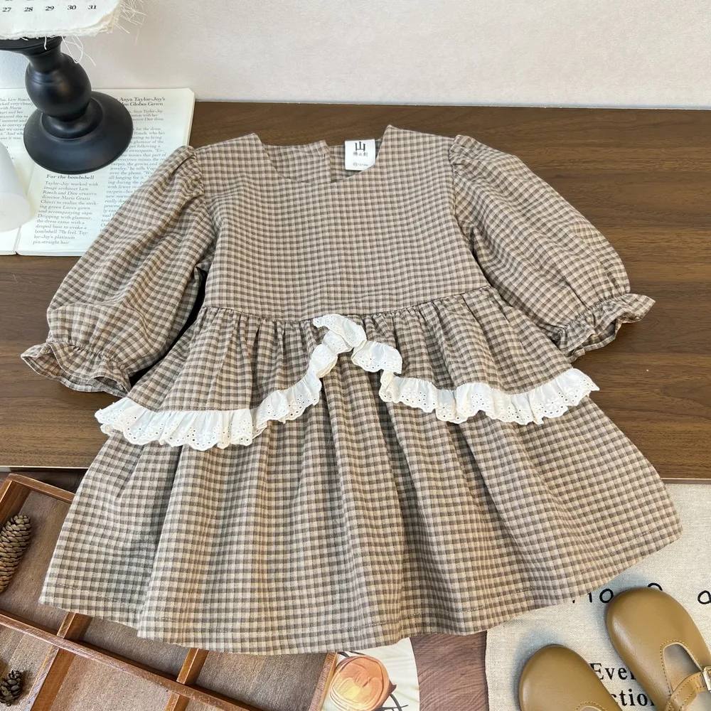 

Girls' Simple Plaid Lace Dress Autumn and Winter New Baby Girl Sweet French Bubble Sleeve Korean Version Princess Dress