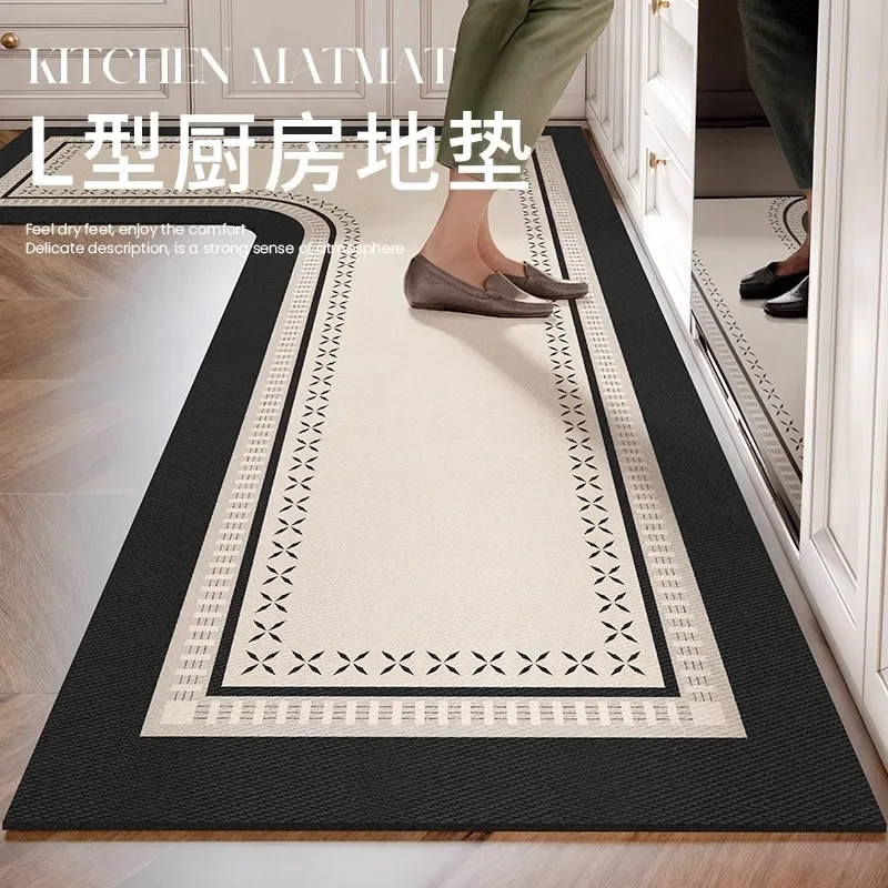 

L-shaped Leather Kitchen Mat Modern Light Luxury Waterproof Oil-proof PVC Carpet Wipeable Special-shaped Rugs Tapete De Cozinha