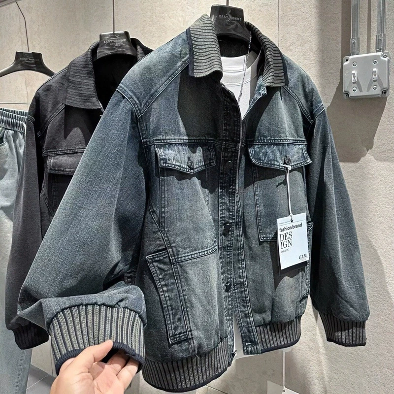 Men's Knitted Spliced Denim Jacket American Autumn Casual Fashion Street Style Retro Washed Single Breasted Multi Pocket Jackets