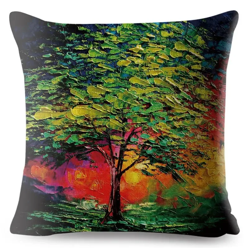 Colorful Painting Decorative Trees Flowers Printed Pillowcase Cushion Cover Polyester Pillow Case for Sofa Home 45*45cm