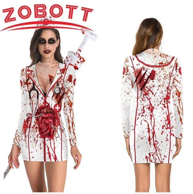 Uniforme d'infirmière de sang d'horreur d'halloween, Costumes de Cosplay pour femmes, uniforme squelette imprimé en 3D, robes de carnaval Sexy