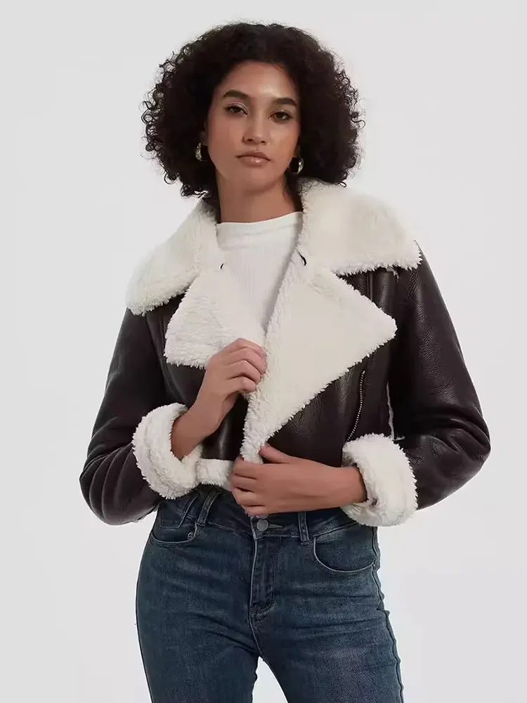 

HH Autumn Fashion Women Faux Leather Jackets Vintage Spliced Lapel Long Sleeve Coat Winter Warm Casual Woman Outerwear