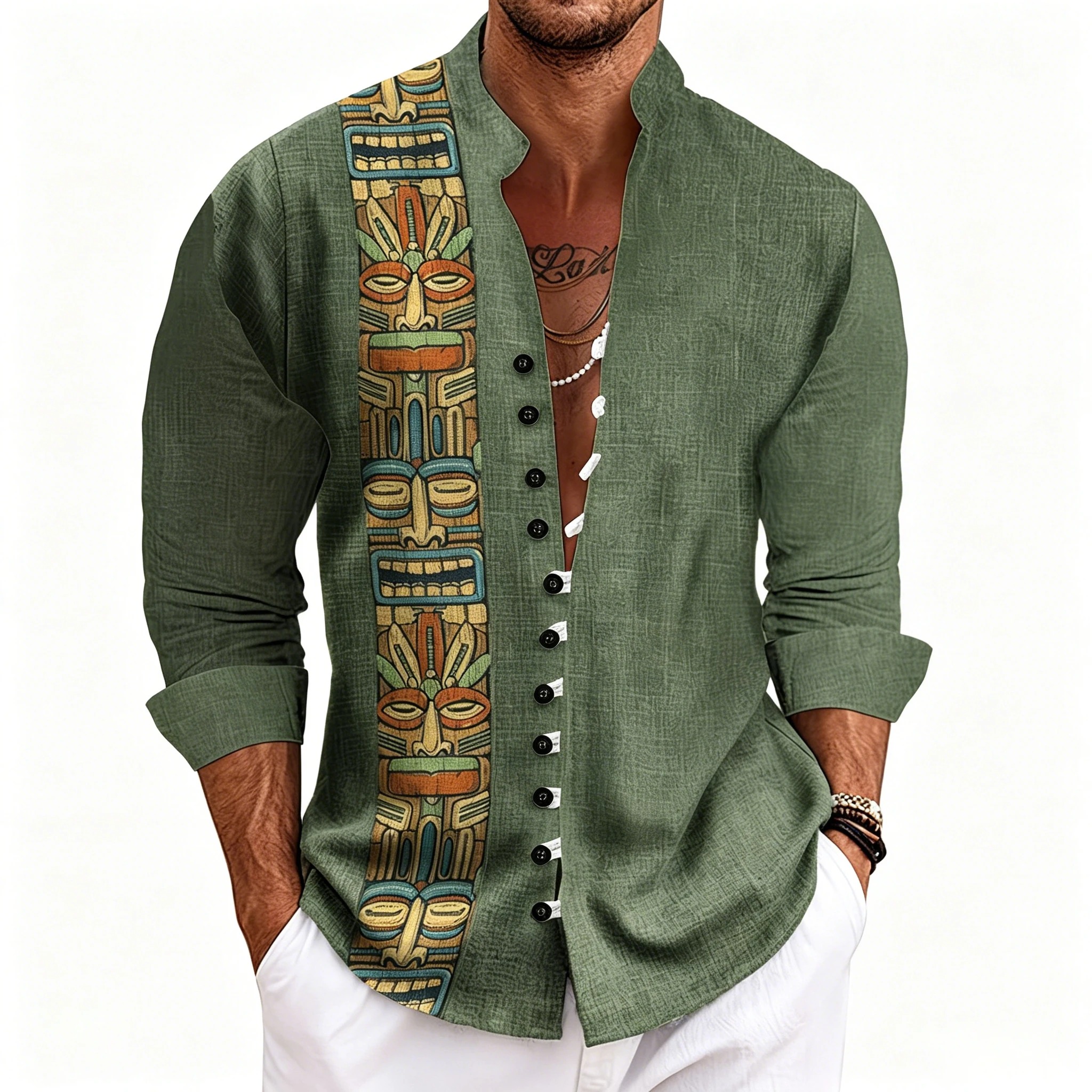 Men's Stand-Up Collar Long-Sleeved Shirt, Hawaiian Totem Print, Loose-Fitting Casual Shirt, Vacation Cardigan Top