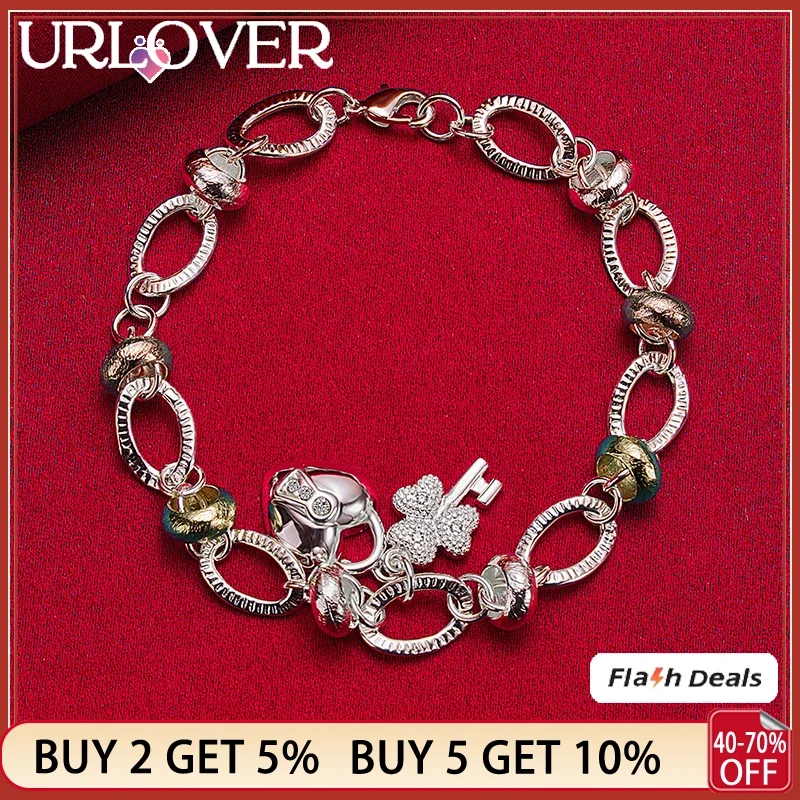 

URLOVER 925 Sterling Silver Bracelets Fashion Key Heart Lock Bracelet Woman's Wedding Accessories Party Birthday Fine Jewelry