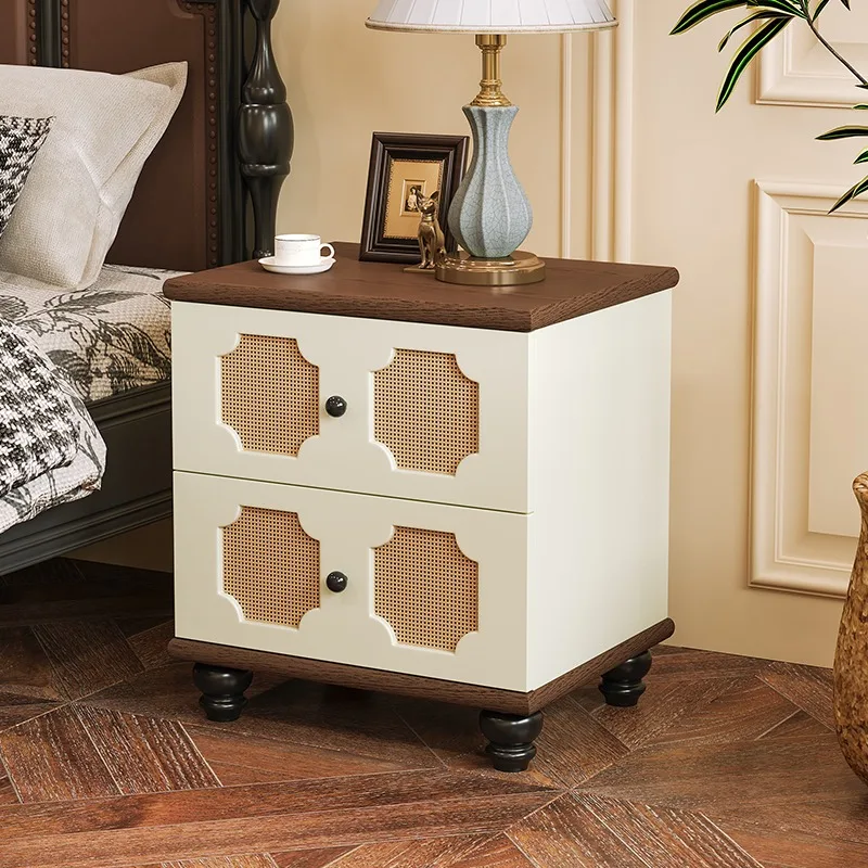 Mid-Century Woven Rattan Nightstand Solid Wood Bedside Cabinet Modern Minimalist Storage Drawer Unit Compact Bedroom Organizer