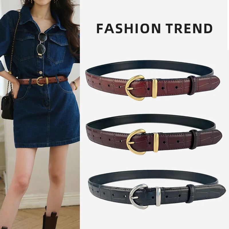 

Women Belt Retro Crocodile Pattern Genuine Leather Waistband Luxury Designer Gold Silver Pin Buckle Belts Versatile Girdle New