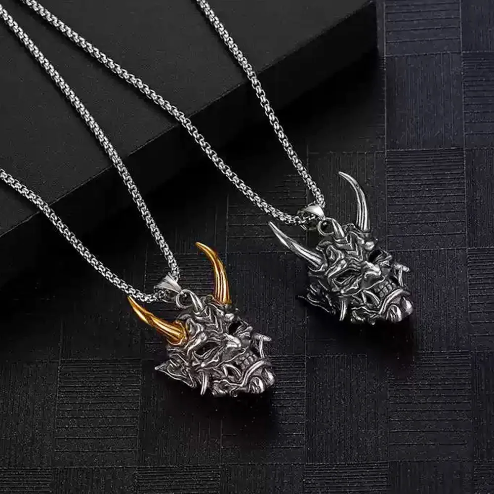 Two Color Golden Horn Demon Warrior Mask Pendant Stainless Steel Long Necklace Retro Punk Accessory For Men Women Festival Gift