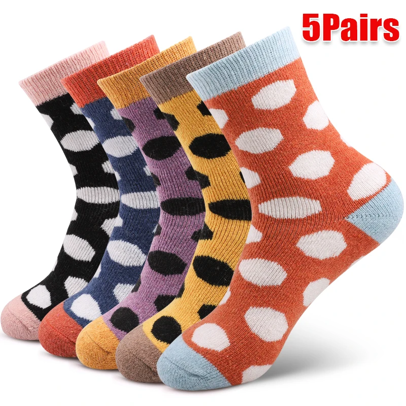 

5Pairs Polka Dot Knit Crew Socks Women's Winter Thermal Plush Mid-Calf Socks Colorful Thick Warm Comfort Floor Sock Daily Wear