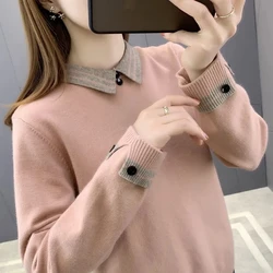 2023 New Autumn Winter Contrast Color Doll Collar Long Sleeve Sweater Women Casual Loose Button Pullovers Patchwork Tops