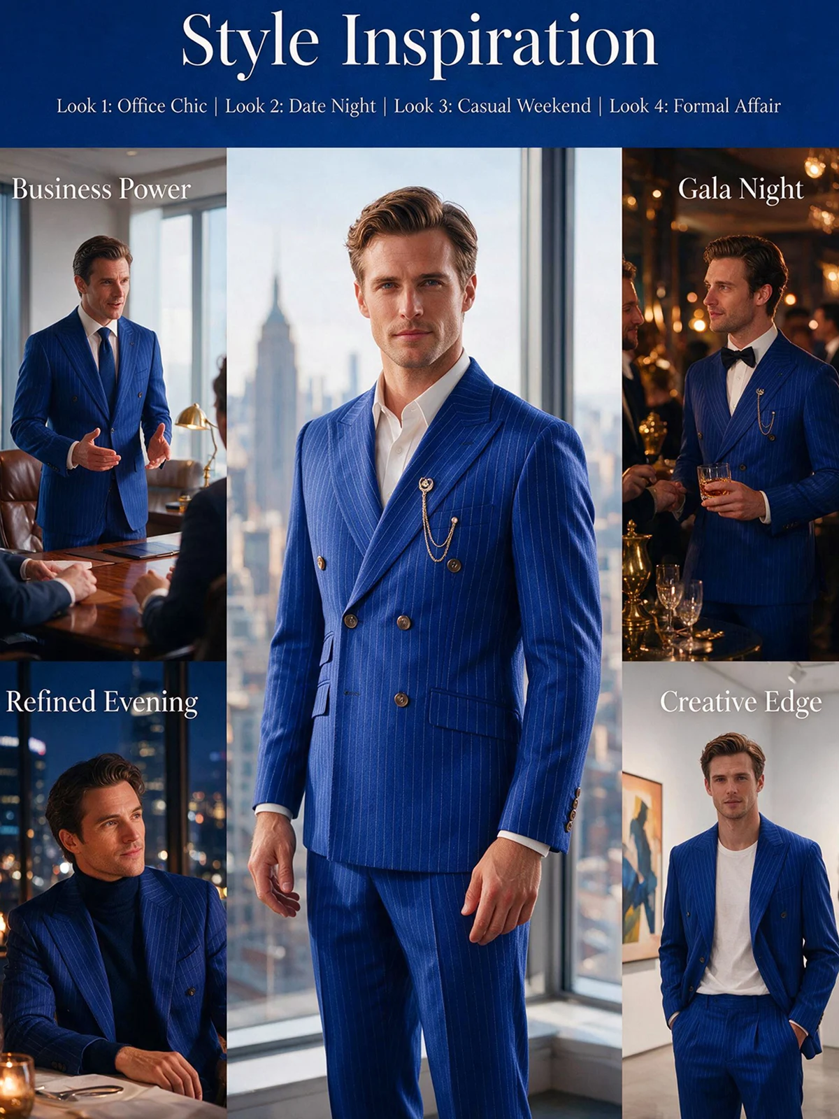 Immagine 6: Completo da uomo a righe, composto da due pezzi, doppiopetto, con motivo a righe sottili nere, taglio italiano, stile britannico, giacca e pantaloni eleganti di alta qualità.