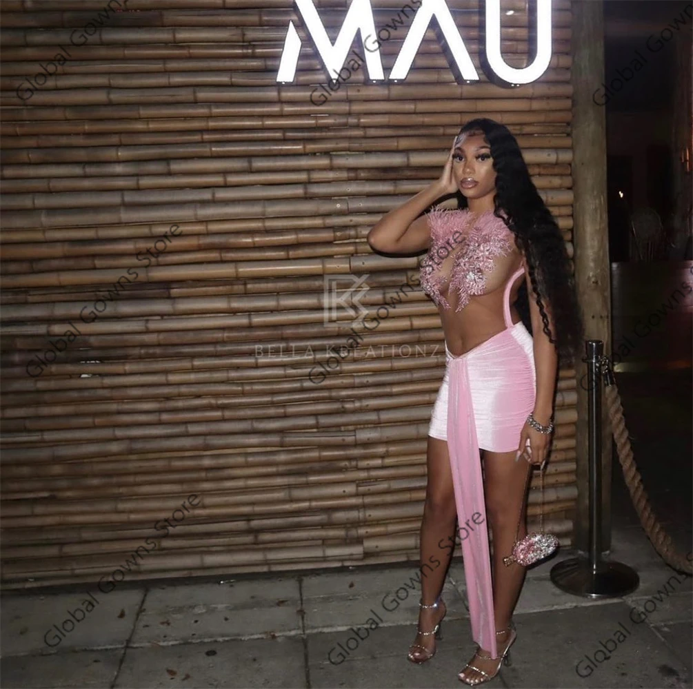Pink O N Pleats Short Prom Dresses Black Girl Bead Crystal 2024 Birthday Luxury Dress Feathers Party Gown With Train Customized image 2