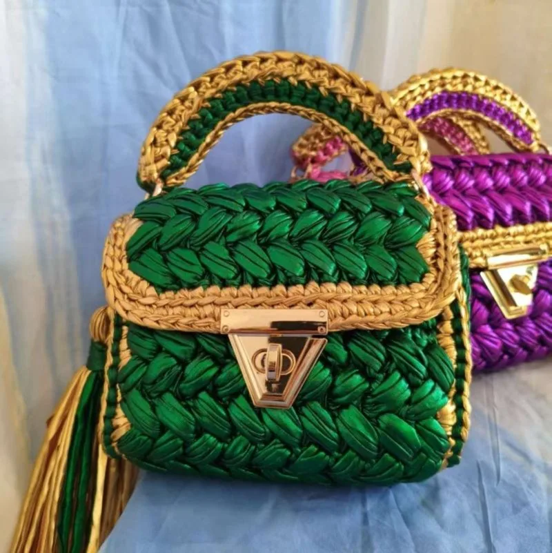 Women's Bag New Metal Cloth Strip Hand-Woven Shoulder Oblique Span Bag, Crocheted Handbag