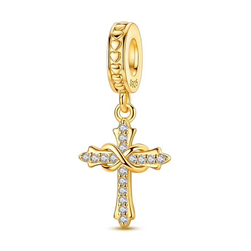 

925 Sterling Silver Charms Bead CZ Zircon Golden Cross Dangle Fit Original Bracelet DIY Women Jewelry