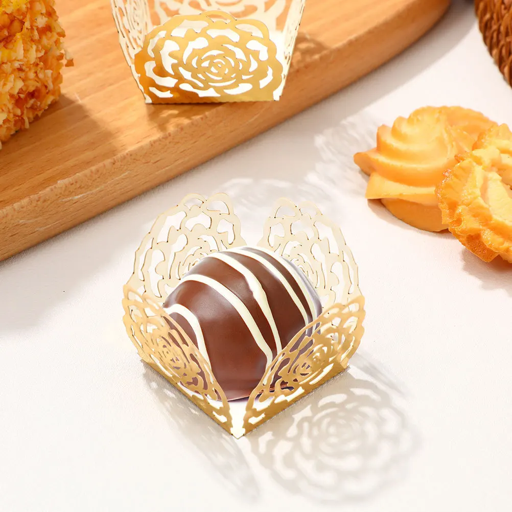 

100Pcs Luxurious Gold Hollow Out Rose Truffle Wrappers Paper Liners for Chocolates Dessert Table Decor