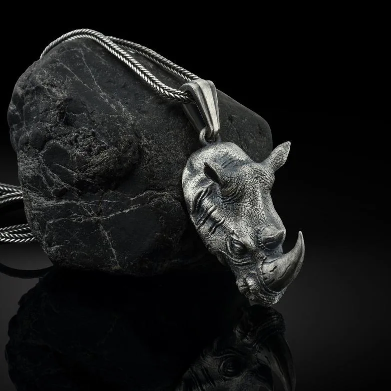 Pure Tin Wild Rhino Head Pendant Men's Domineering Retro Necklace Animal Personality With 60 Cm Titanium Steel Long Chain