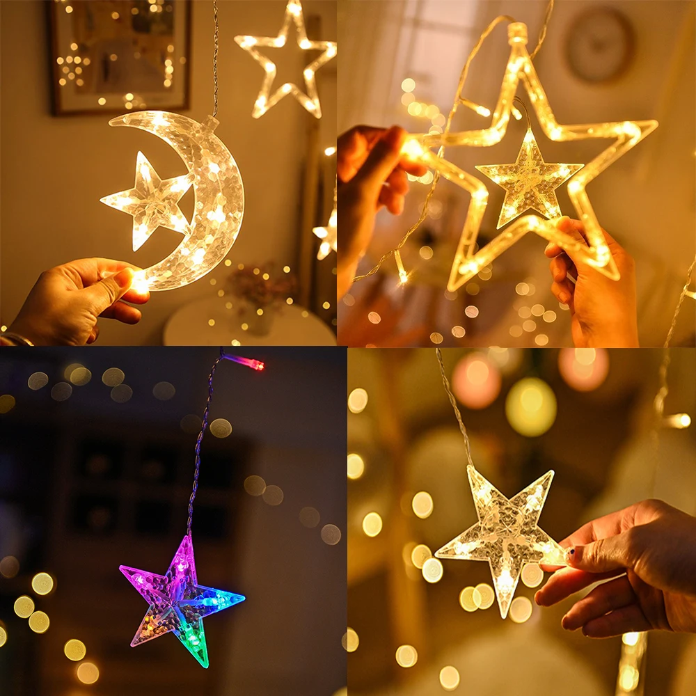 รอมฎอนตกแต่ง 2025 Star Moon Curtain Garland String Light Aid EID Mubarak สําหรับ Home อาหรับอิสลามมุสลิม party Supplies