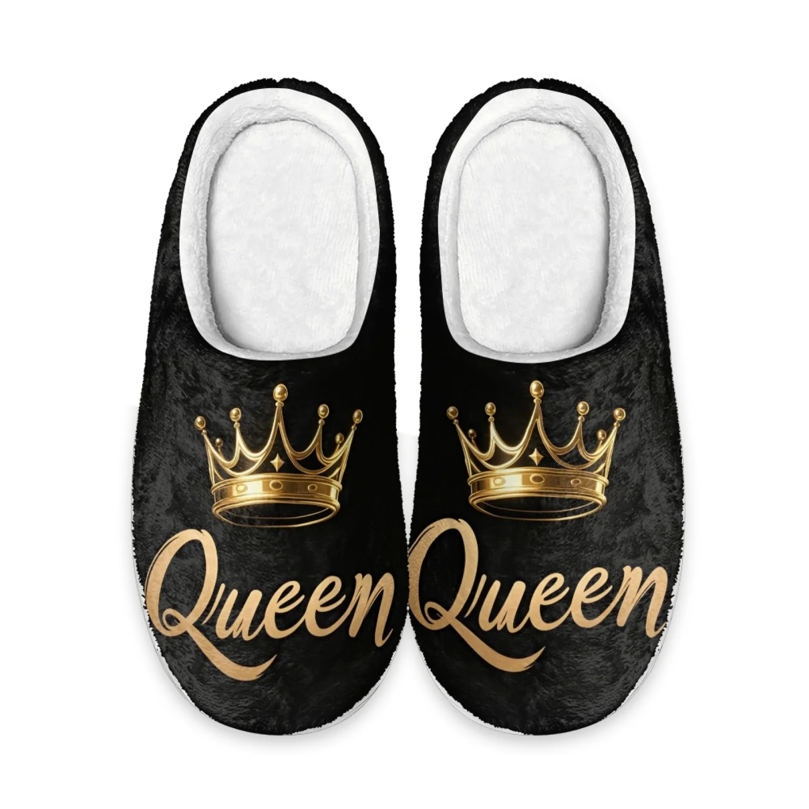 PENSTROLL Golden Queen Crown Fuzzy Slippers Size 35-47, Flannel Cotton Home Shoes for Bedroom Bath Healthcare Workers