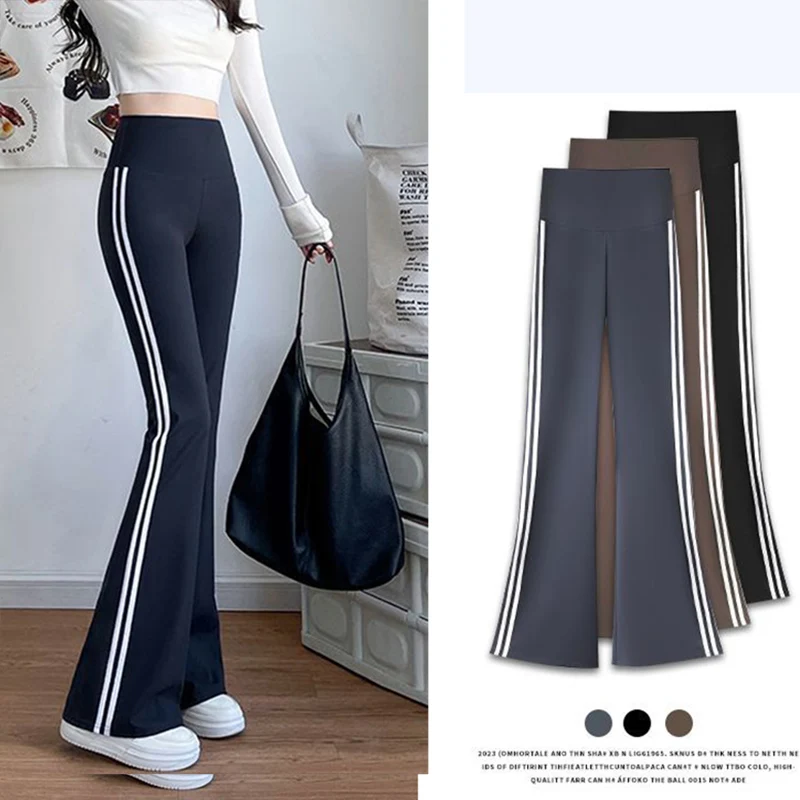 Side Stripe High Waist Flare Pants Casual Trousers Sporty Long Pant Slim Fit Black Fashion Trend Women New In Clothing Vintage