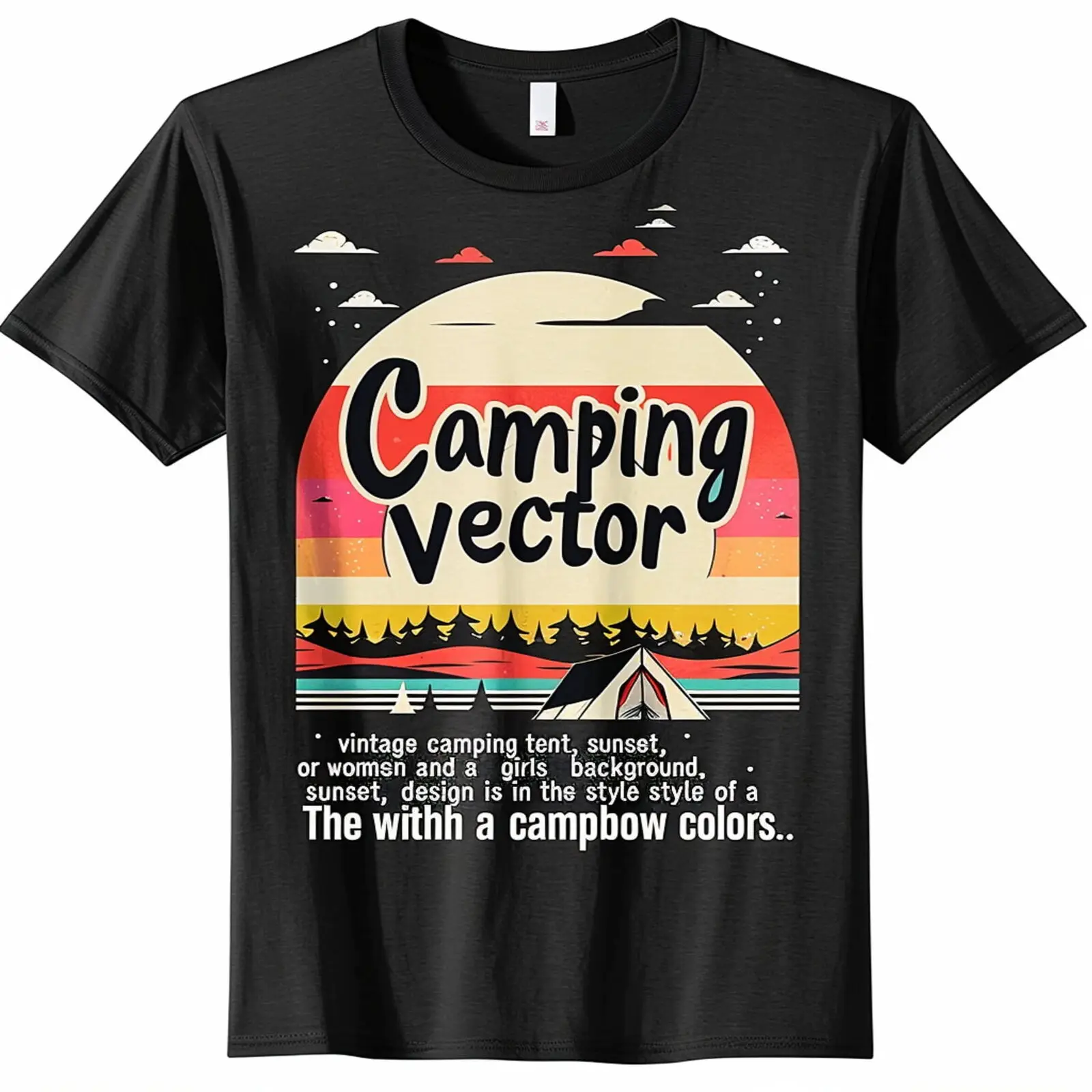 

Vintage Camping Crew Sunset Rainbow Tent Black TShirt Outdoor Adventure Tee