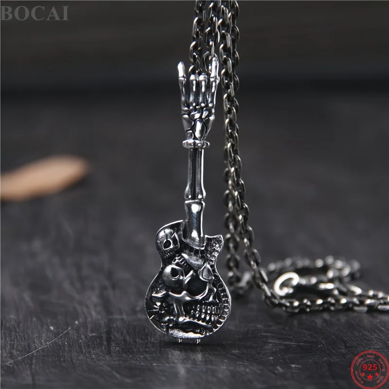 BOCAI New S925 Sterling Silver Pendants Trendy Cool Personalized Carved Hip-hop Punk Style Skull Guitar Charm Fine Jewelry