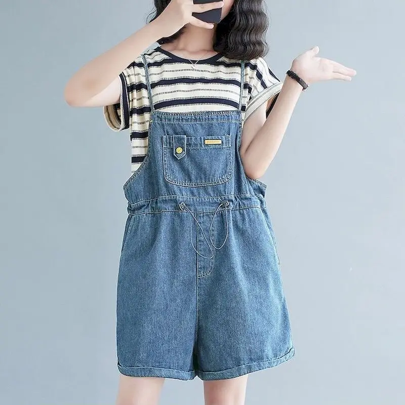 Denim Jumpsuits Korean Style One Piece Outfit Casual Solid Wide Leg Shorts Summer Clothing for Women High Waisted Cropped Jeans