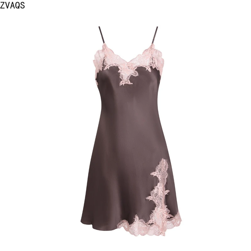 ZVAQS 100% Mulberry Silk Night Dress Woman Lace Sexy Nightgowns Short Sleep Dresses Summer Sleepwear Women Clothing 2025 пижама