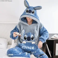 Disney Cartoon Stitch Couple Coral Fleece Pajamas Suit Cute Plush Pullover Top Pants 2 Piece Set Women Men Sleepwear Y2k Clothes