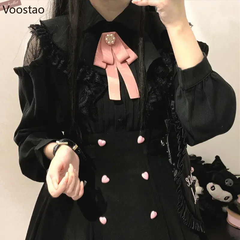 Japanese Sweet Lolita Shirt Women Casual Hollow Out Long Sleeve Tops Kawaii Ruffles Lace Bow Blouses Girls Cute Y2k Blusa Mujer