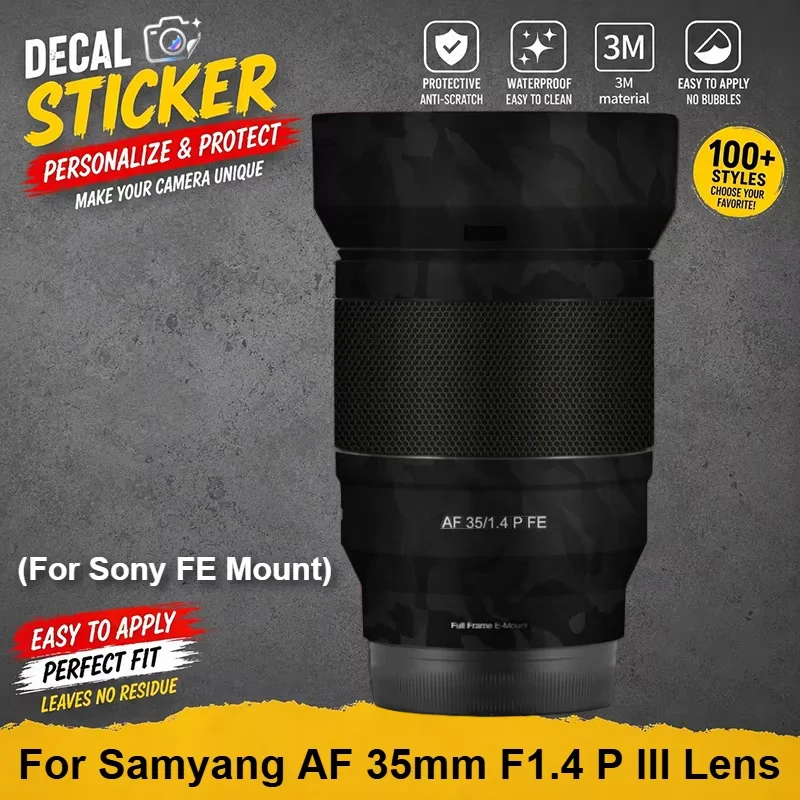 Защитная наклейка для объектива Samyang AF 35mm F1.4 P III (для крепления Sony FE) — виниловая пленка против царапин, премиум-наклейка на корпус.