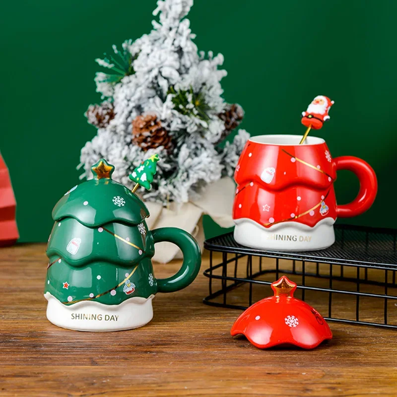 

Creative Christmas Tree Shaped Ceramic Mugs Coffee Cups with Lids Office Afternoon Tea Cup Christmas Gift Birthday Gifts