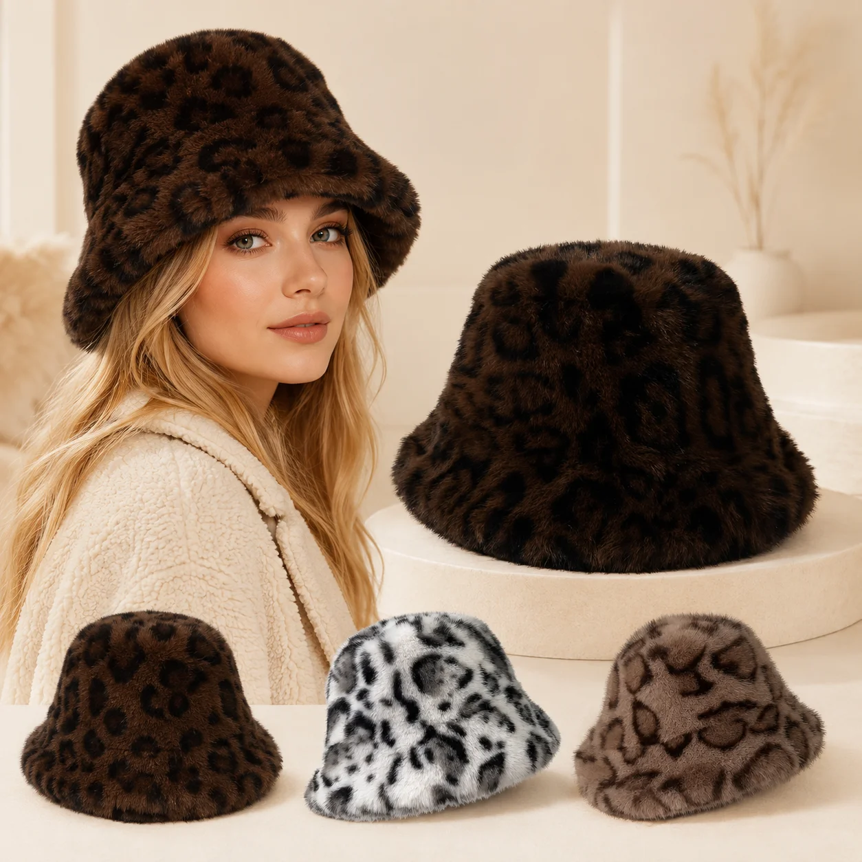 Men's and women's leopard print plush fisherman hats, soft and warm thick basin hats, fashionable style winter casual hats