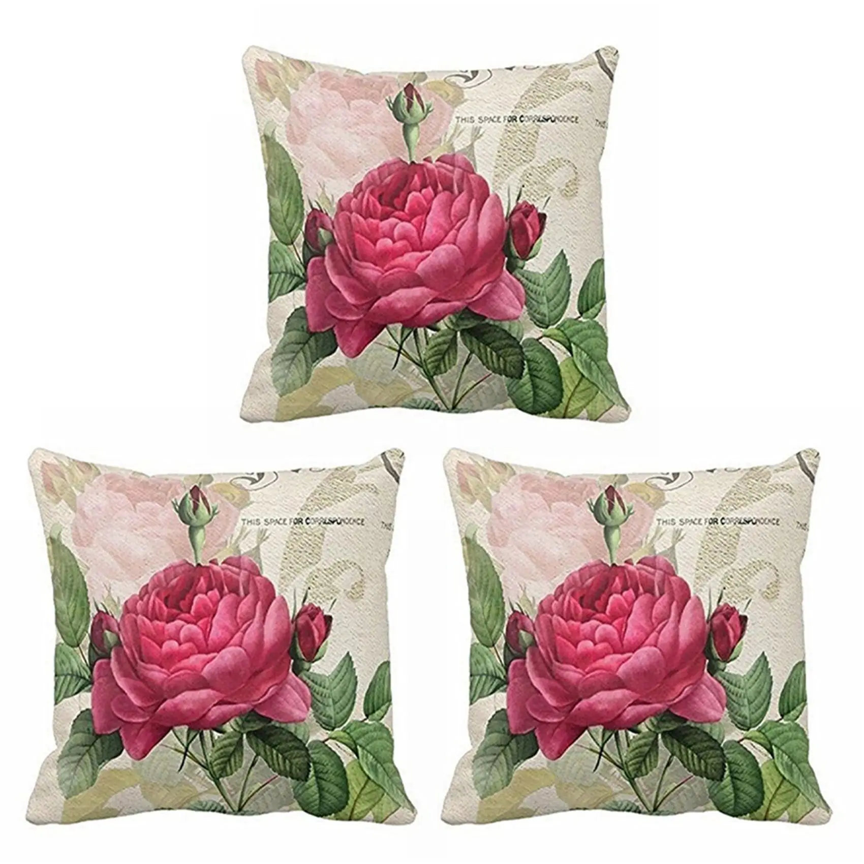 SEWS-3X Vintage Floral/Flower Flax Decorative Throw Pillow Case Cushion Cover Home Sofa Decorative(Rose Flower)
