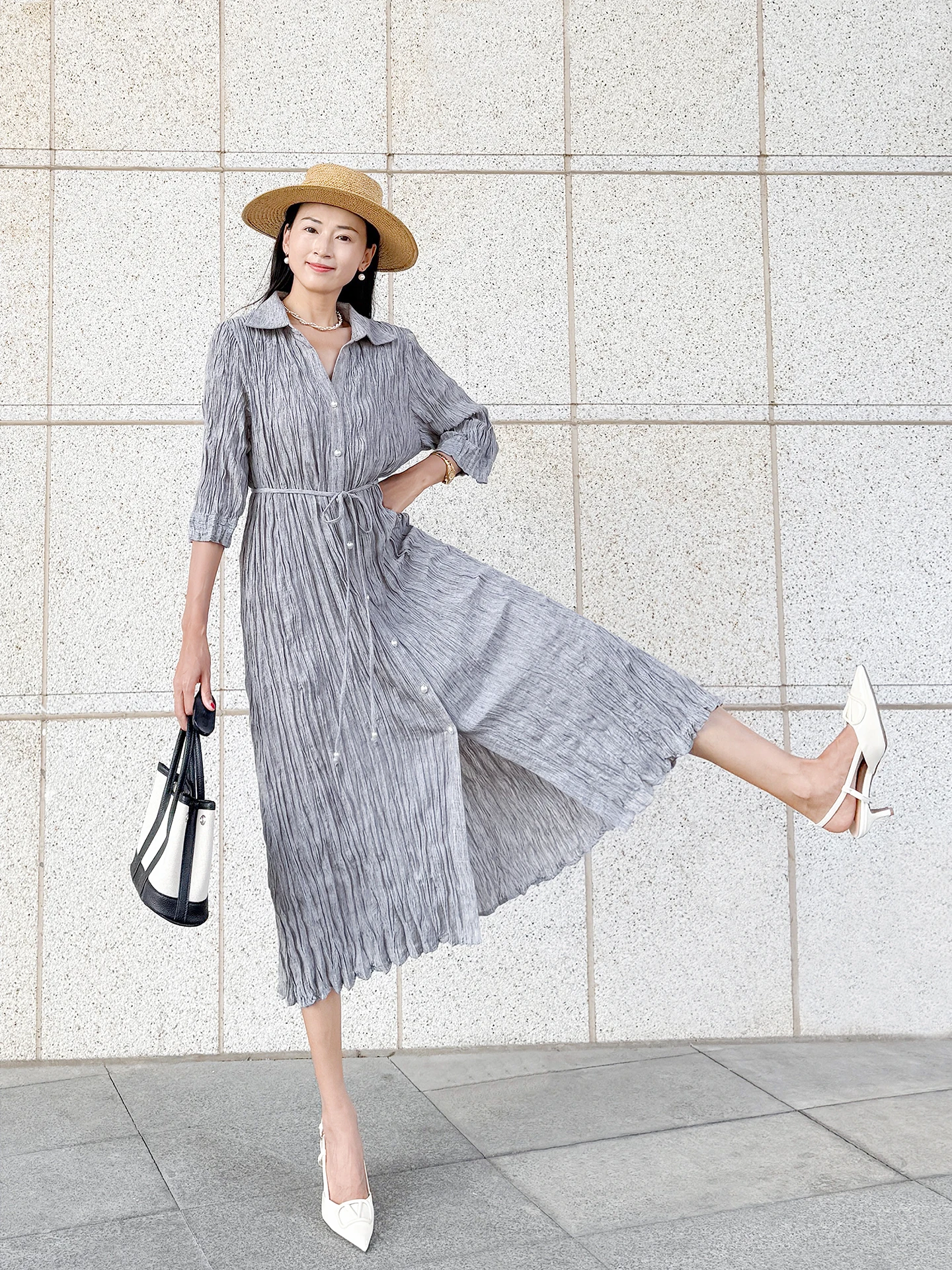 Gray Commute Dress Elegant Leisure Folded Hem Long Skirt Soft Polyester Fiber Medium Stretch Anti-Wrinkle City Casual A-Line