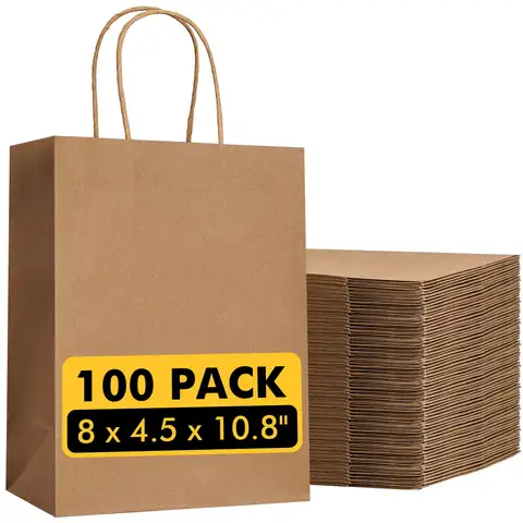 100Pack Brown Paper Bags with Handles Bulk,8x4.5x10.8 Inch Kraft Paper Bags for Retail, Party, Shopping